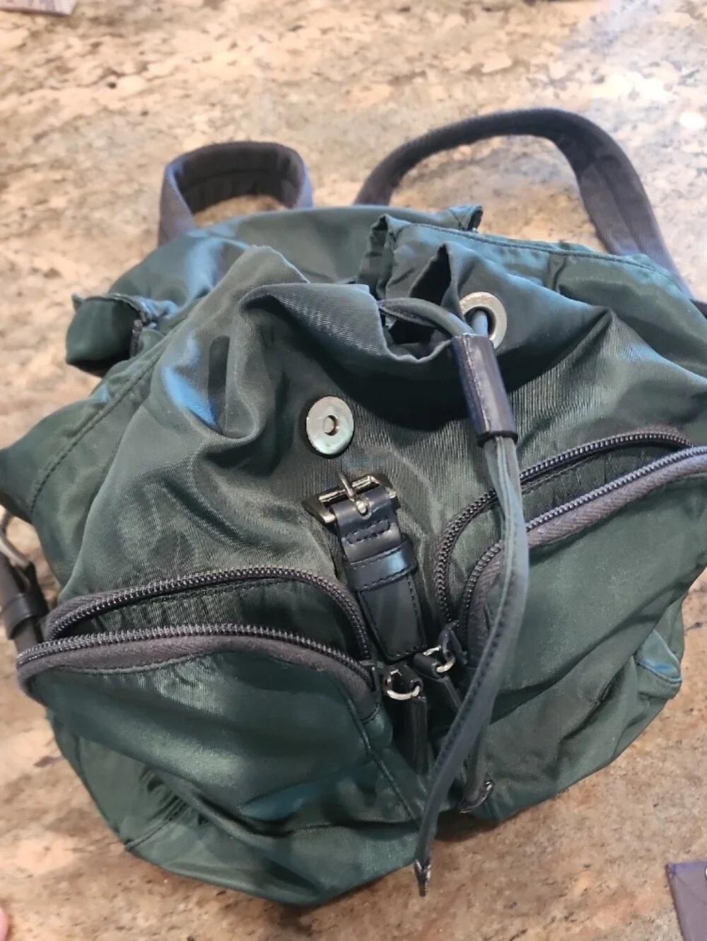 90s Clasaic Prada Dark Green Nylon Backpack with Black Trim